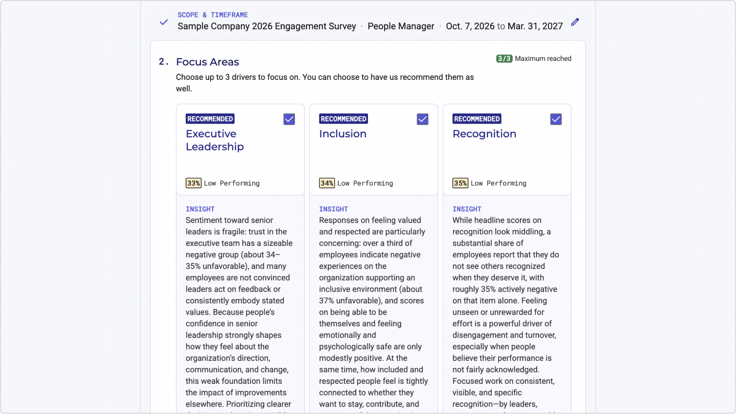 Action Plan Builder screen showing recommended focus areas with supporting insights